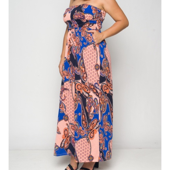 ❤️NEW 1X Peach Blue Paisley Strapless Dress - Picture 3 of 8